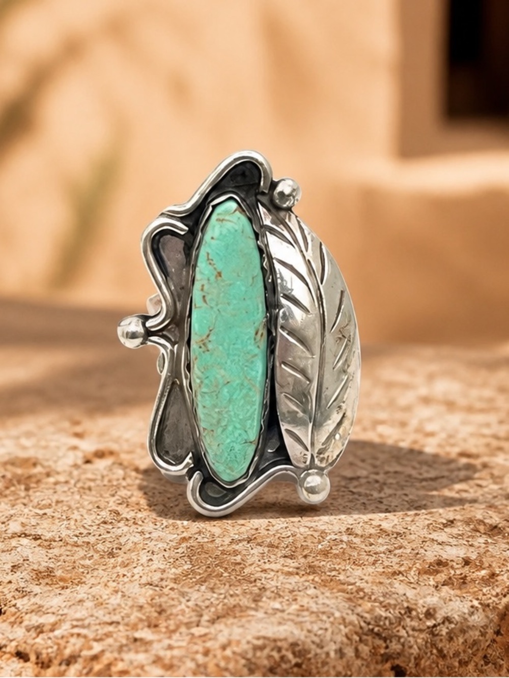 Estate Squash Blossom Turquoise Ring Sz. 6.25